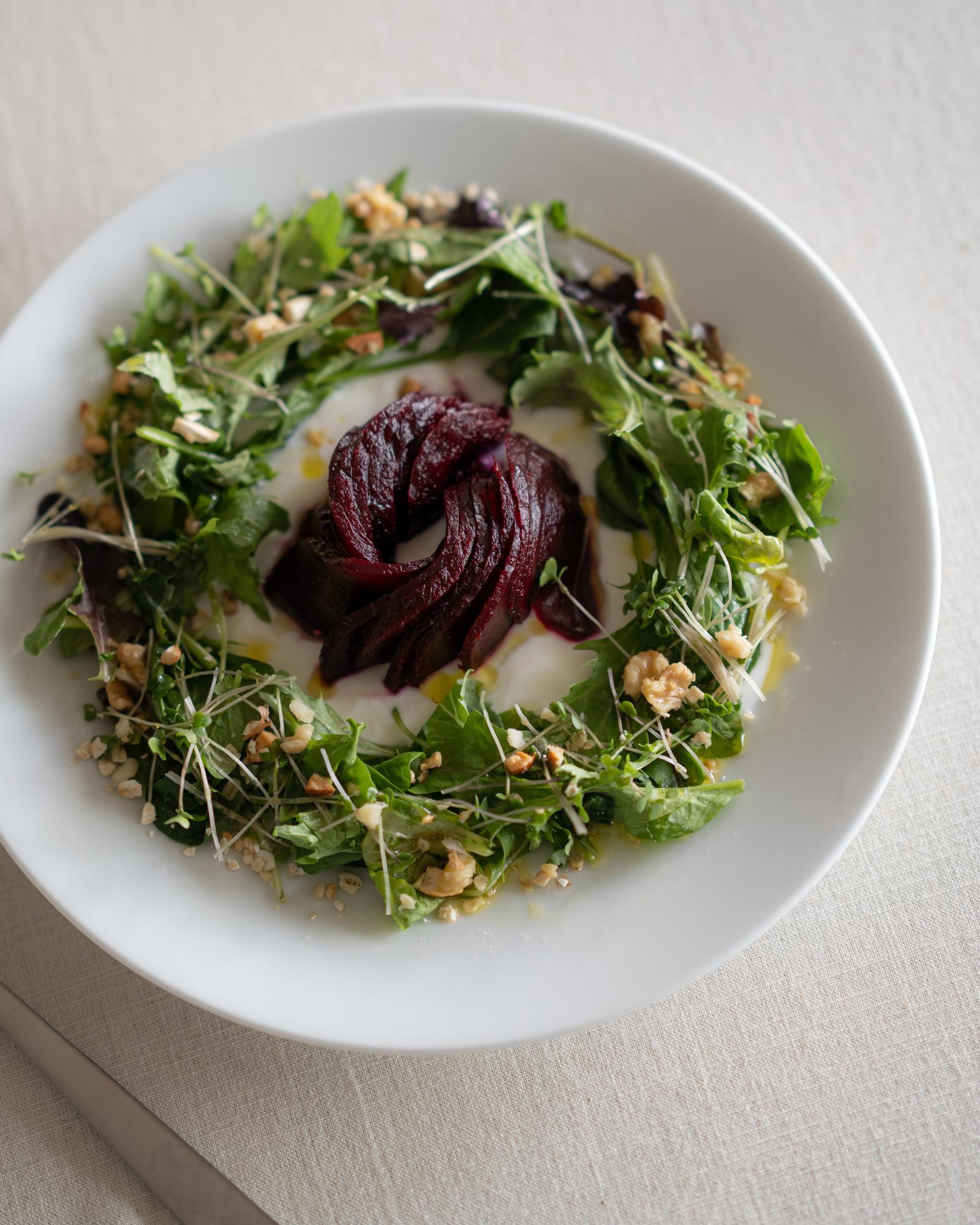 Large close-up of plated starter with herbs